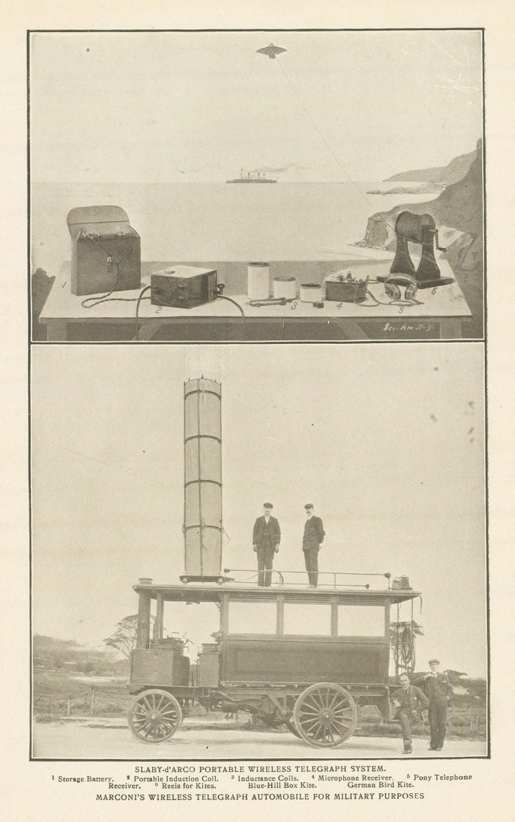 SLABY-d'ARCO PORTABLE WIRELESS TELEGRAPH. MARCONI's MILITARY AUTOMOBILE 1907